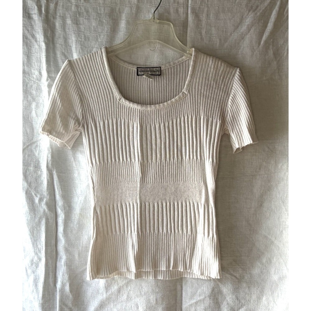 VTG The Great American Sweater 1997 USA Made Ribbed Short Sleeve White Knit Top